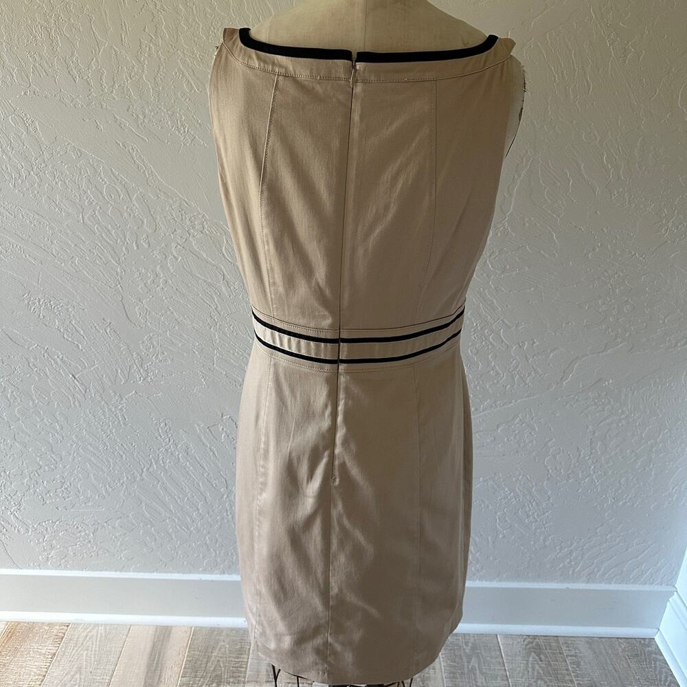 White House Black Market Khaki Split-Neck Sheath Dress with Black Trim - Picture 13 of 13